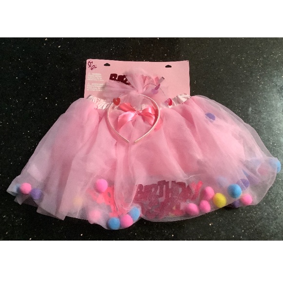 NWT happy birthday pink Pom Pom tutu with headband 3 yr & up, 2 available - Picture 1 of 7